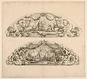 Fan leaves, Tenth and eleventh plates of the set, "Divers Desseins de grands Eventails, Encrans, et autres Ornamens, inventÃ©s et gravÃ©s par Nicolas Loire"