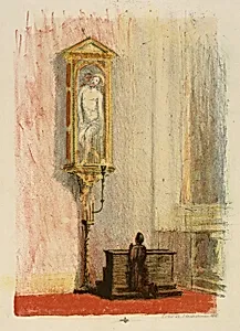 Figure Praying before Shrine of Christ