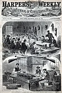 Filling Cartridges at the United States Arsenal at Watertown, Massachusetts, from Harper's Weekly, July 20, 1861 by Winslow Homer
