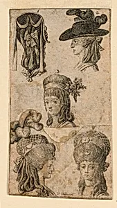 Five Headgears for Women, Two Fragments of Illustrations for "KÃ¶nigl: Grosbrit [anische] Genealogischer Kalender auf das 1781 Jahr Lauenberg bey J.G. Berenberg"