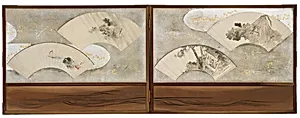 Four fan paintings mounted on a screen; "Frog on Lotus Leaf", "Scholar in a House", "Landscape", and "Boat and Rock"