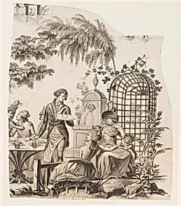 Fragments of an incomplete cartoon for cotton printing: La Course Anglaise