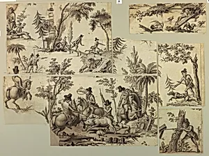 Fragments of an incomplete cartoon for cotton printing: La Course au Sanglier