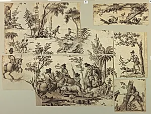 Fragments of an incomplete cartoon for cotton printing: La Course au Sanglier