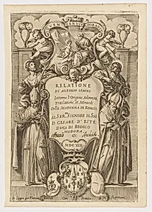 Frontispiece: Relatione di Alfonso Isachi intorno l'origine, solennita`, traslatione, et miracoli della Madonna di Reggio (Alfonso Isachi's account of the origin, solemnity, translatione[?], and miracles of the Madonna of Reggio)
