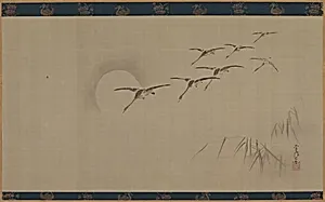 Geese, moon and water-plants