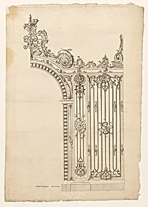 Grille, probably from the series "HÃ©rÃ© Plans et Elevations de la Place Royale De Nancy... 1753 A Paris ChÃ©z J.C. FranÃ§ois