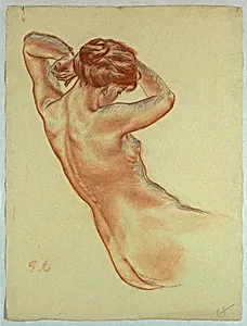 Half figure of a seated nude woman
