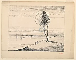 Hillside and Tree with Sailboats in Distance