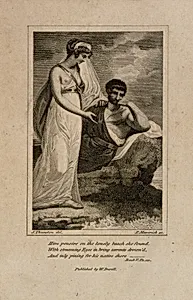 "Him Pensive on the lonely beach she found, with streaming eyes in briny torrents drown'd, and inly pining for his native shore", from The Odyssey of Homer, Book V. Pa. 111. Published by W. Durell.