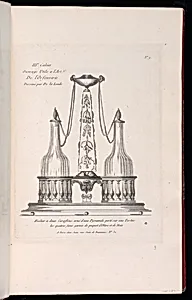 Huilier a deux Caraffons, ornÃ© d'une Pyramide portÃ© sur une Tortue les quatres faces garnie de paquet d'Olive et de Noix