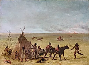 Indian Family Alarmed at the Approach of a Prairie Fire