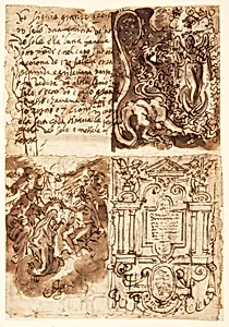 Inscription [above left]; Woman of the Apocalyse [above right]; Coronation of the Virgin [below left]; Frontispiece [below right]