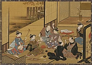 Interior scene of a party with <em>geisha</em> and clients