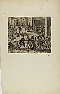 (Jacobus Almagrus a Ferdinando Pizarro Invincula Coniicitur in Carcere....) (from book, Americae, part six)