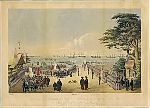 Landing of Commodore Perry, Officers and Men of the Squadron, to Meet the Imperial Commissioners at Yoku-hama, Japan, March 8th 1854