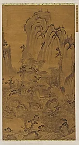 Landscape: a mountain gorge, a stream, buildings and people