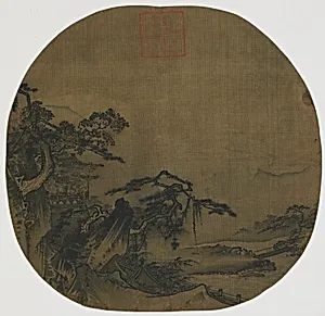 Landscape: pavilions on a mountain side; a stream below