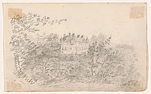 Landscape with building, trees and bushes in foreground by George Linen, 29 Apr 1802 - 27 Sep 1888