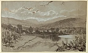 Landscape with three buildings