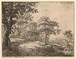 Landscape With Two Figures Wading a Stream