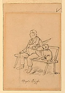 Man and dog on bench by Sebastian Buff, Swiss, 1829–1880