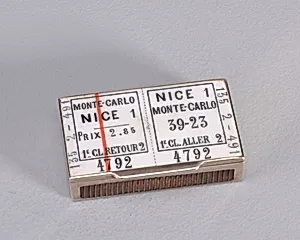 Matchsafe Depicting Train Ticket and View of Monte Carlo by Unknown