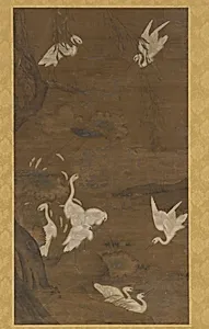 Nine White Egrets and a Willow Tree