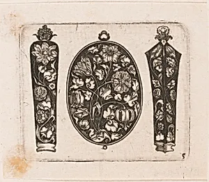 "Oblong Fillet Flanked by Two Needle Cases (?)," Plate 5 from "Goldsmith Ornament Designs"