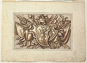 One of a set of trophies of weapons of war as a decoration of a horizontal panel.