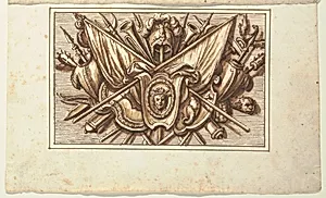 One of a set of trophies of weapons of war as a decoration for a horizontal panel