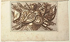 One of a set of trophies of weapons of war as a decoration of a horizontal panel