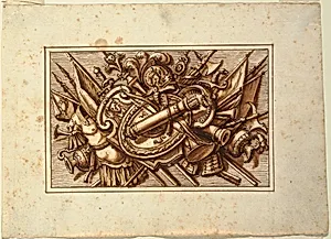 One of a set of trophies of weapons of war as a decoration of a horizontal panel