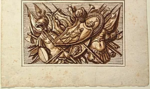One of a set of trophies of weapons of war as a decoration of a horizontal panel