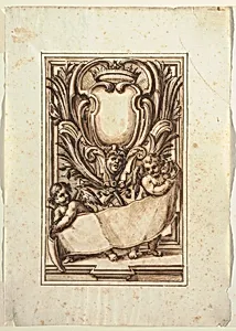 One of a set of twelve projects for the decoration of a wall to be placed at a height. Preceded by a title page by Unknown