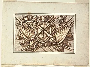 One set of trophies of weapons of war as a decoration for horizontal panels. Intended to be engraved