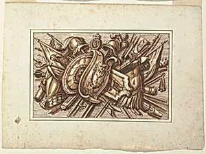 One set of trophies of weapons of war as a decoration for horizontal panels. Intended to be engraved