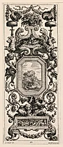Ornamental Panel Surmounted by a Basket of Flowers and a Garland, plate 10 from the Livre de Diverses Grotesques peintes dans le Cabinet et Bains de la Reyne Regente, au Palais Royale