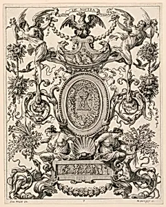 Ornamental Panel Surmounted by an Eagle and the Motto NATOS ET NOSTRA TUEMUR, plate 7 from the Livre de Diverses Grotesques peintes dans le Cabinet et Bains de la Reyne Regente, au Palais Royale