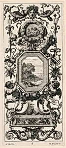 Ornamental Panel Surmounted by the Crowned Head of a Woman and Two Peacocks, plate 6 from the Livre de Diverses Grotesques peintes dans le Cabinet et Bains de la Reyne Regente, au Palais Royale