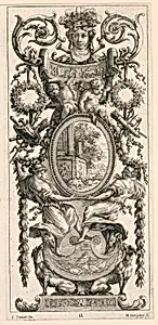 Ornamental Panel Surmounted with a Head Flanked by Foliage, plate 11 from the Ornamental Panel Surmounted with a Head Flanked by Foliage, from the Livre de Diverses Grotesques peintes dans le Cabinet et Bains de la Reyne Regente, au Palais Royale