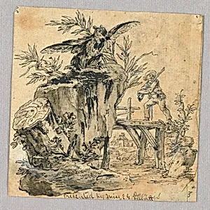 Owl and Figure in Landscape by Unknown