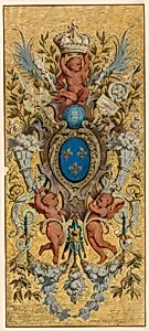 Panel, escutcheon surrounded by cherubs and other motifs