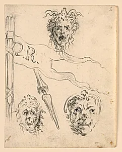 Part of Sheet 5 of a Drawing Book, Masks and Part of a Trophy