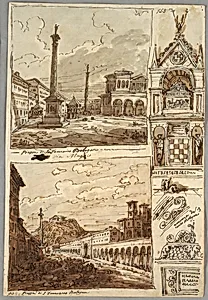 Piazza San Domenico in Bologna; Piazza San Francesco and Villa Aldini in Bologna; Study of Tomb of Glossatori by Felice Giani, Italian, 1758–1823
