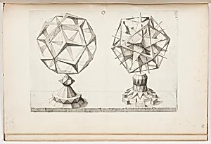 Plate O, F.IIII, Rhombentrikontaeder und Ikosaeder (Rhombic Triacontrahedron and Icosahedron), Perspectiva Corporum Regularium (Perspective of the Regular Bodies)