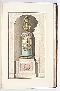 POELE dâun mÃªme genre, en colonnes tronquÃ©es, avec trophÃ©es, et surmontÃ© dâun buste de Pallas.