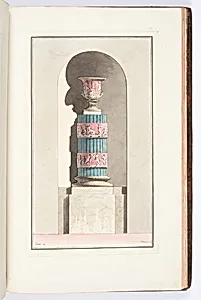 POELE formant colonne tronquÃ©e, cannelÃ©e, Ã  bandeaux, ornÃ© de bas-reliefs et surmontÃ© dâun vase antique