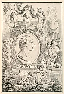 Portrait of Mauro Tesi in a medallion, surrounded by architectural elements