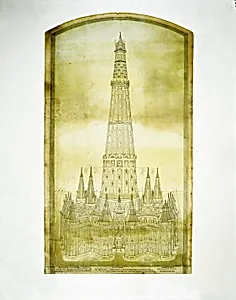 Proposed-Perspective Elevation for an Art Exposition Building, and Tower 600 feet in height, representing New England in six divisions